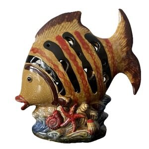 Ceramic Underwater Fish Decor Candle Holder Brown Red Blue Shells Starfish NWOT